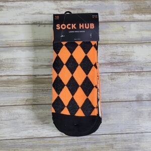 NEW Sock Hub Womens 10 Pair Halloween Theme Ankle Socks Size 9-11 Orange & Black